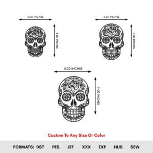 Day of the Dead Machine Embroidery Pattern Floral Skull, 3 Sizes