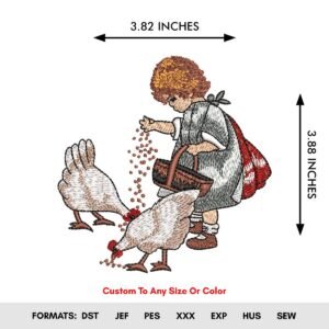 Little Girls and Farm Hens Embroidery Pattern
